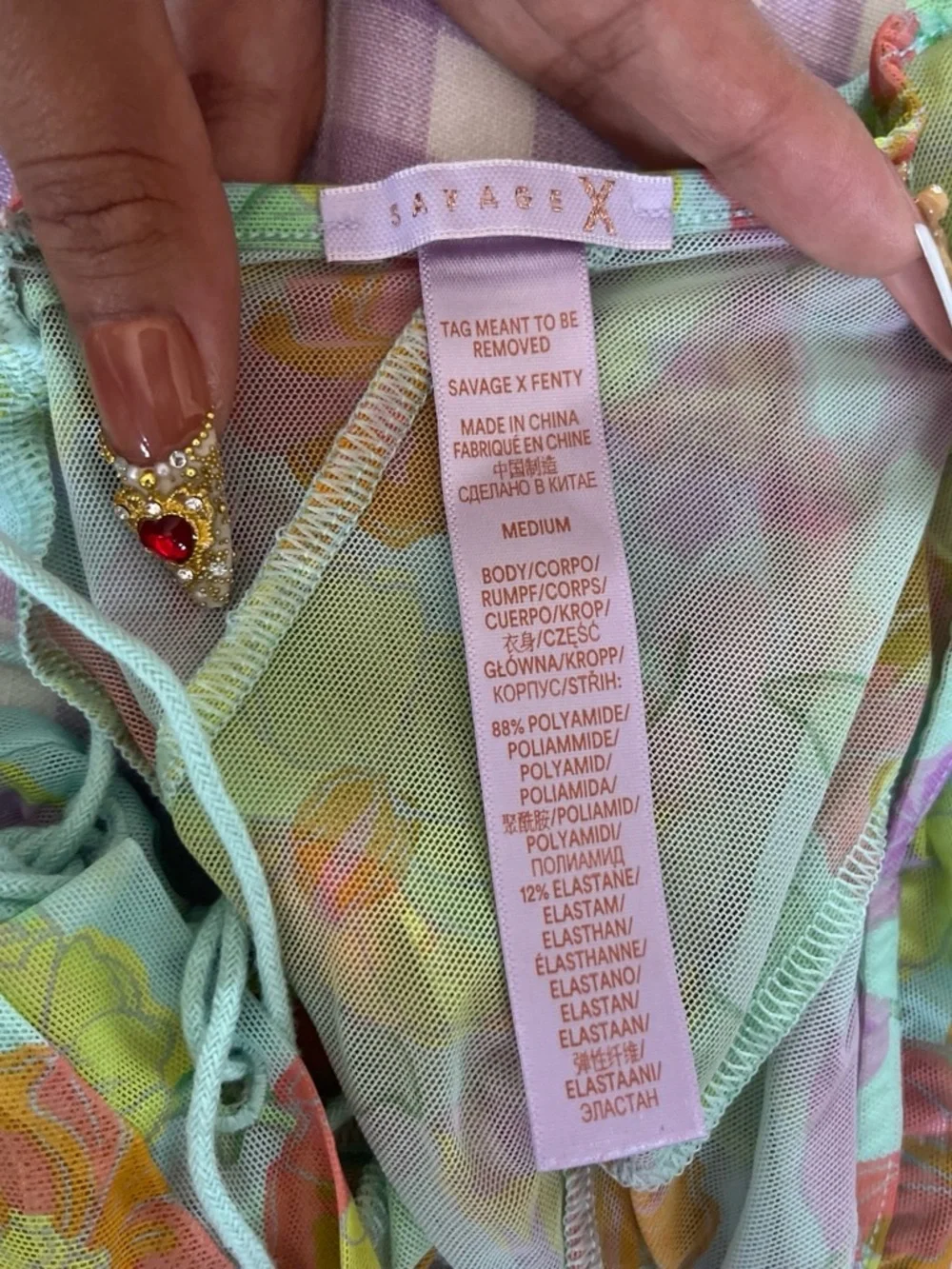 Savage X Fenty Sheer Floral Halter One-Piece in Mint Green with Orange Flowers